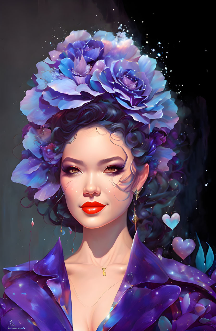 Digital artwork: Woman with purple floral hair and heart motif jacket on dark, starry background