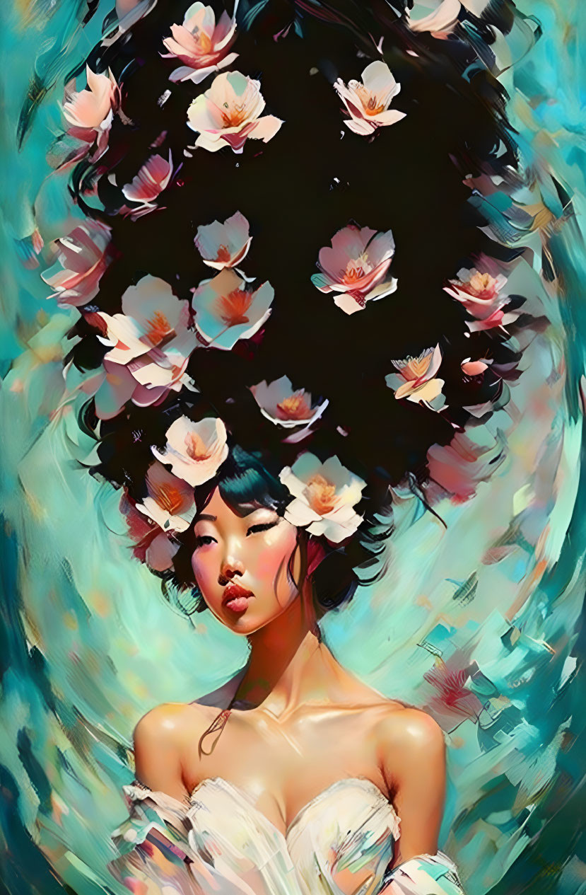 Dark-Haired Woman Surrounded by Pastel Flowers on Turquoise Background