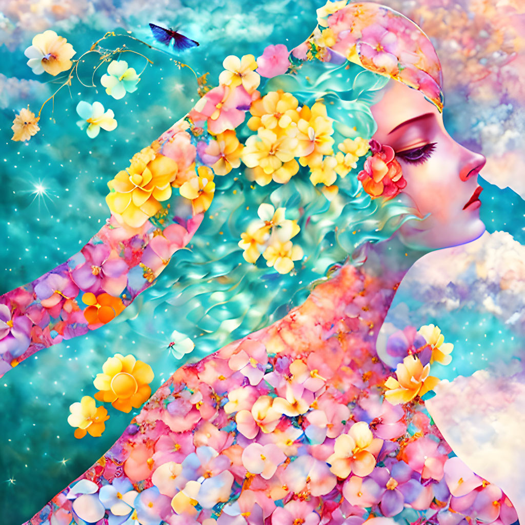 Illustration: Woman with floral hair and water skin in dreamlike setting