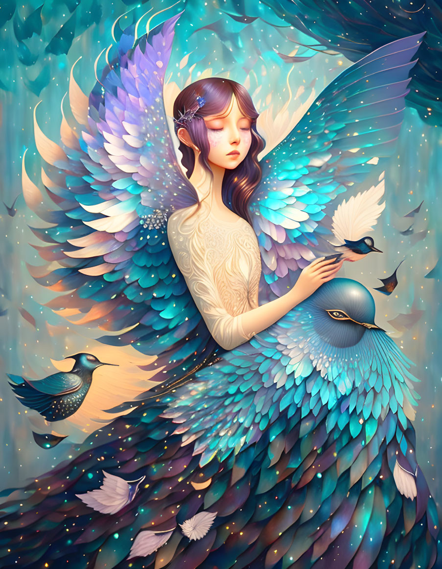 Illustration: Woman with Colorful Wings Surrounded by Birds