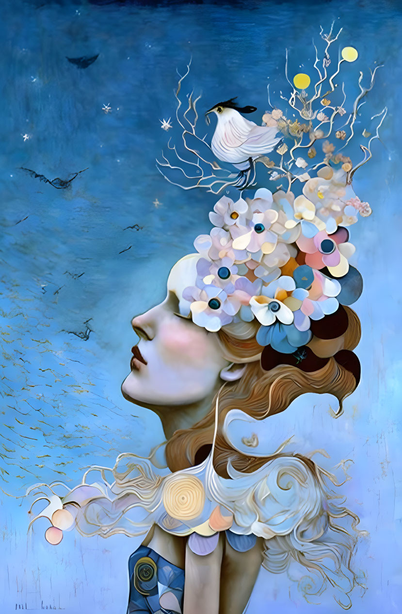 Surreal portrait of woman with flower hair, bird, stars, and butterflies on blue background