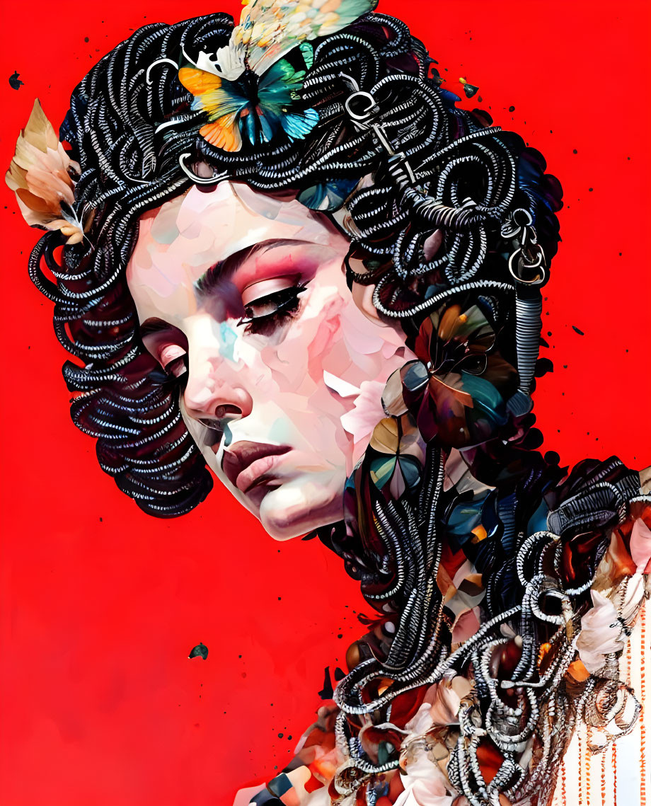 Detailed illustration of person with black hair and butterflies on red background