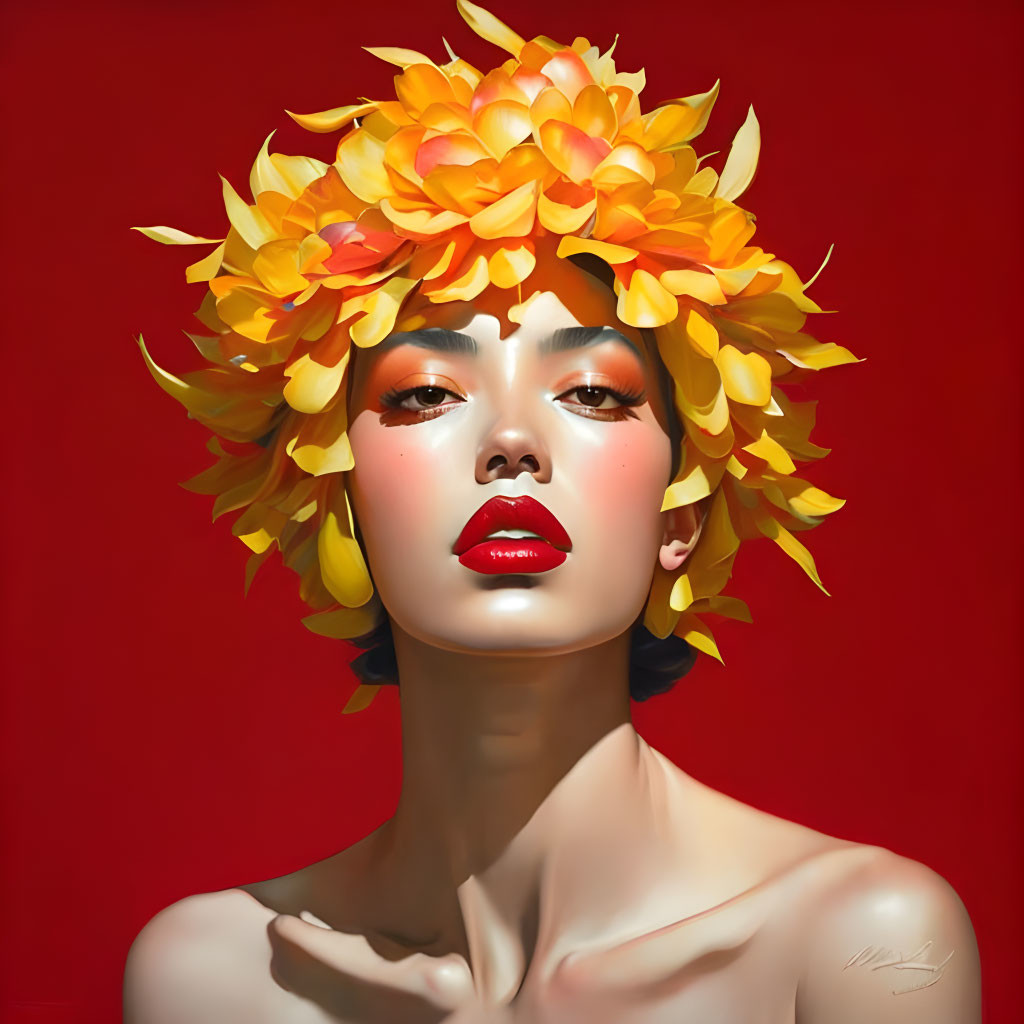 Woman portrait with yellow and orange flower hair adornment on red background