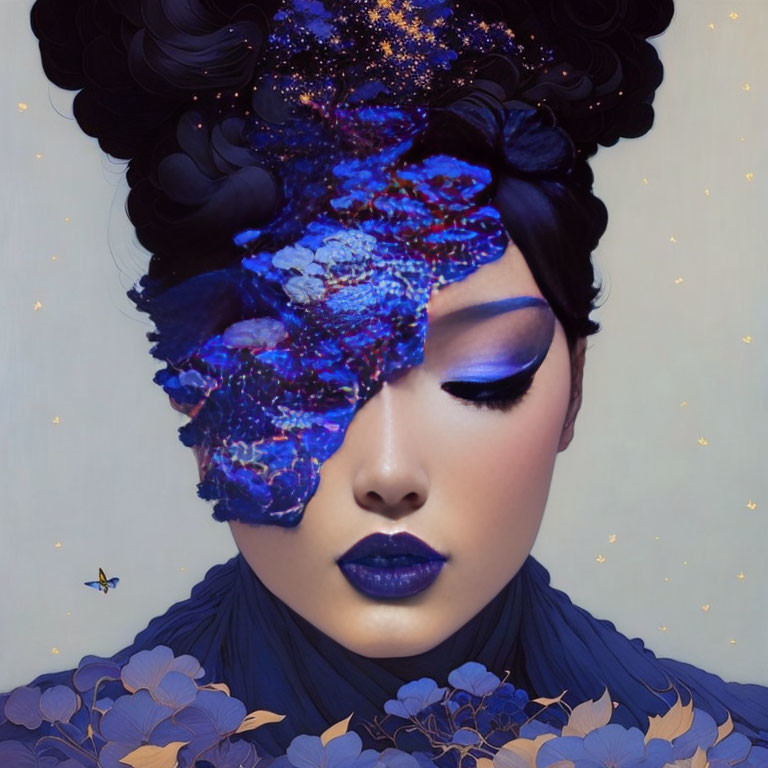 Woman with Blue and Purple Artistic Makeup and Cosmic Glitter Pattern