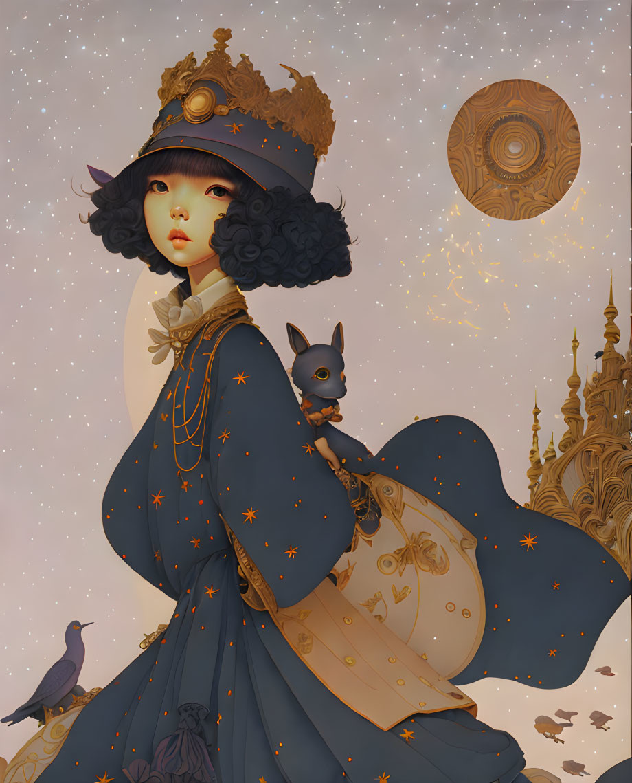 Stylized illustration of girl in blue star-patterned dress with rabbit and ornate buildings.