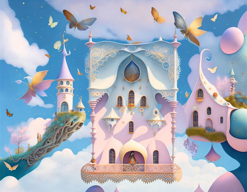 Whimsical pastel-colored fantasy castle with ornate windows and balconies against a sky with floating