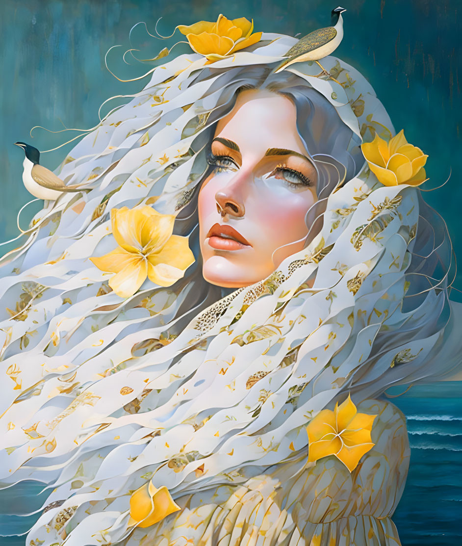 Fair-skinned woman with blue eyes wearing white scarf with golden patterns, yellow flowers, and perched