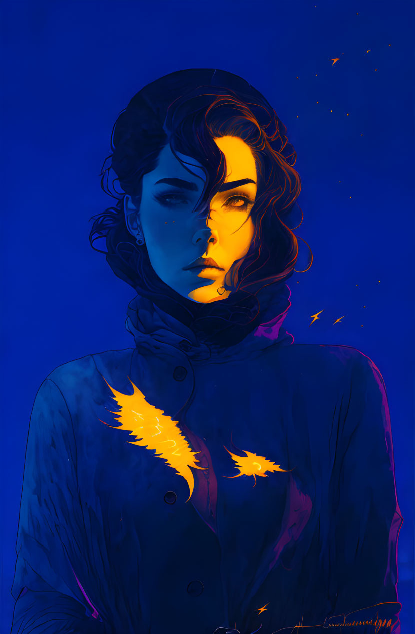 Stylized digital portrait of woman with wavy hair in blue light and orange hues