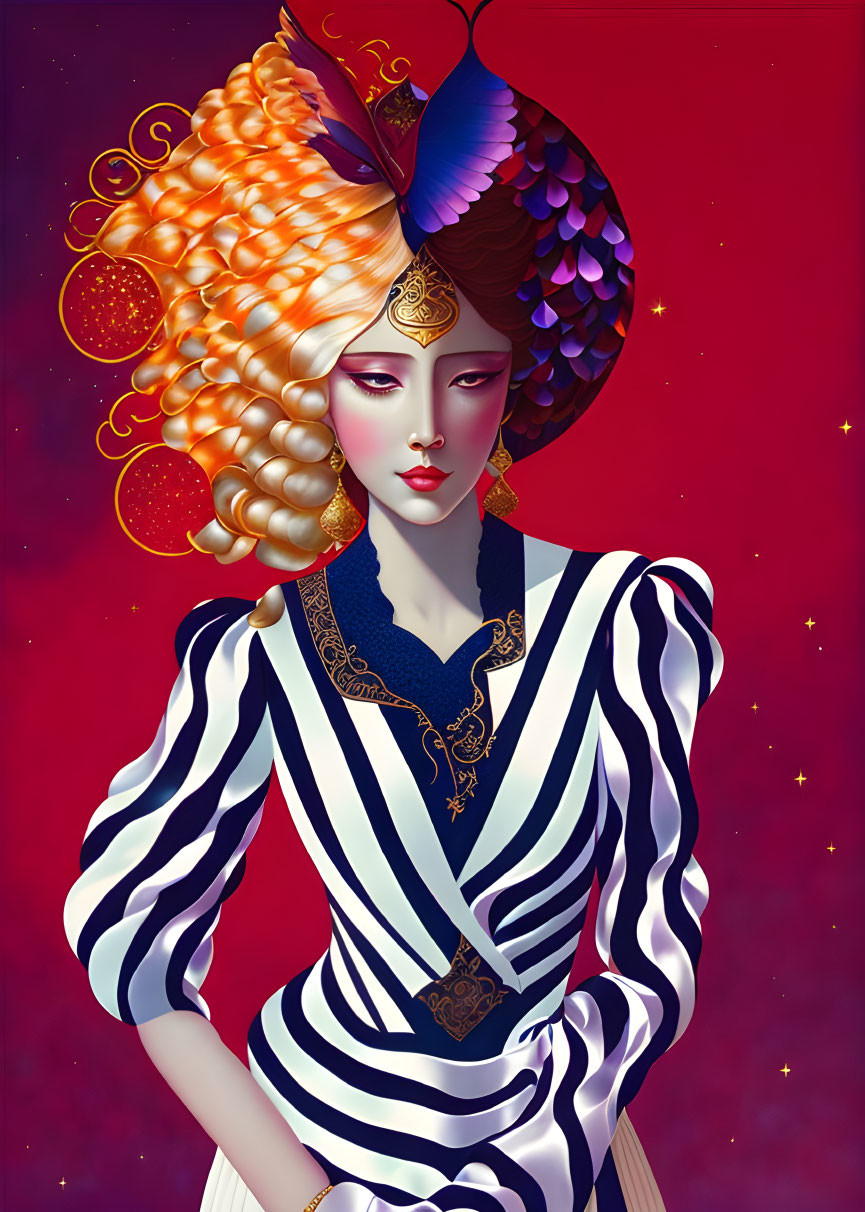 Illustrated Woman with Elaborate Headdress and Striped Garment on Starry Red Background