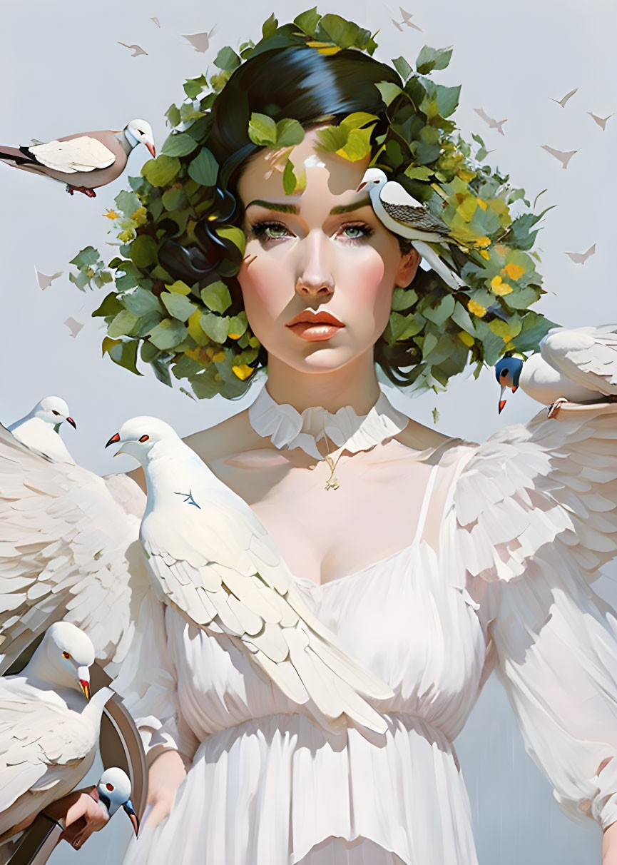 Digital artwork: Woman with floral hairpiece and doves in serene setting