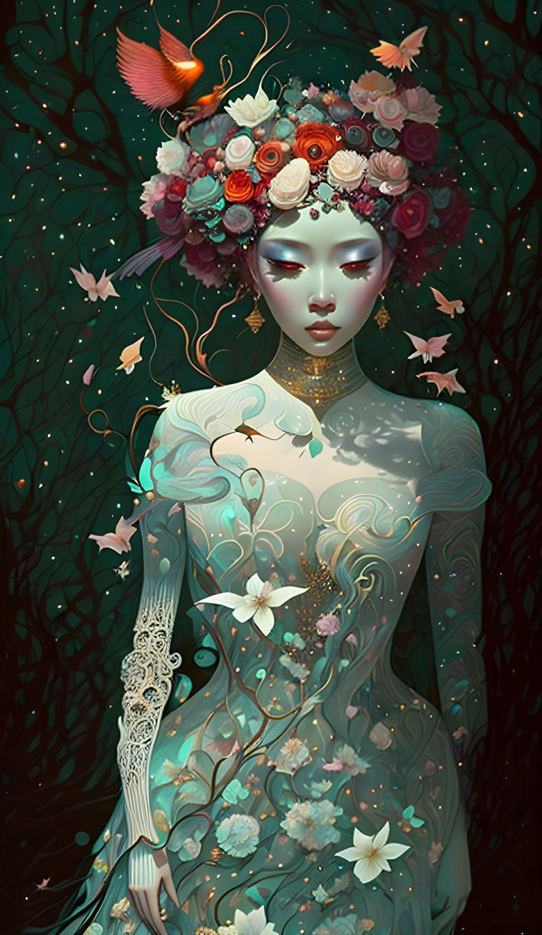 Illustrated female figure with floral headpiece in mystical forest.