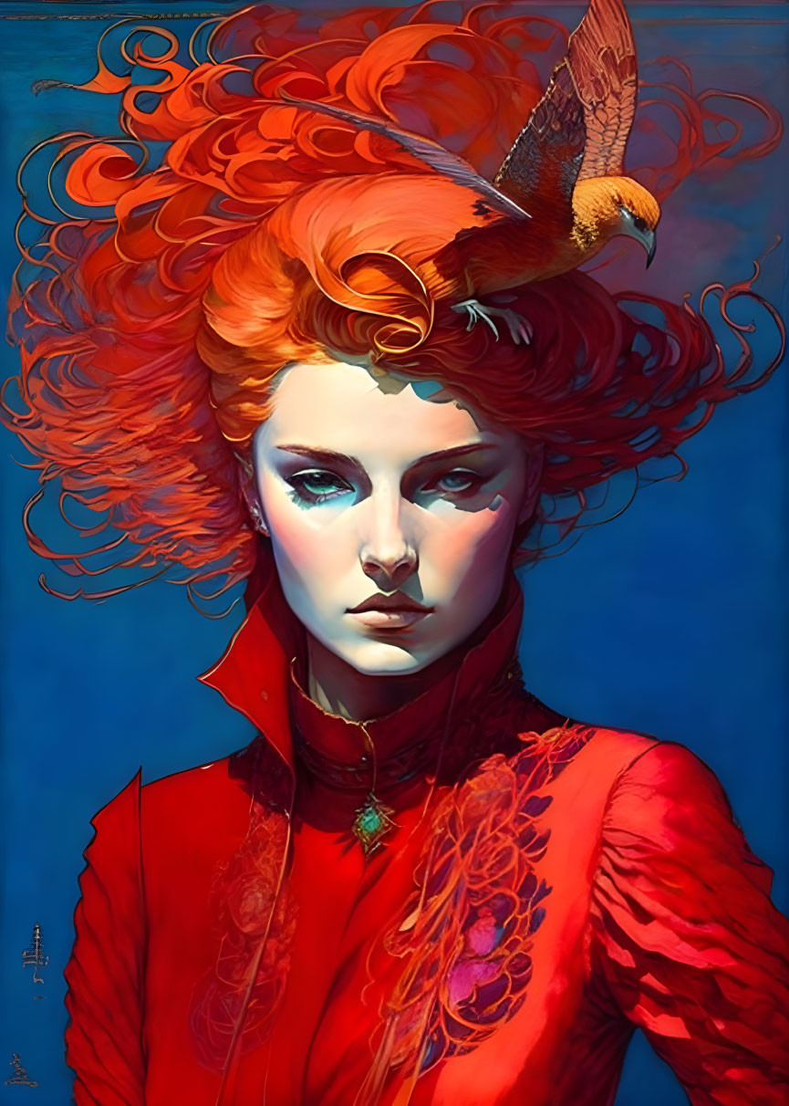 Vibrant woman with red hair and blue skin in red outfit with bird.