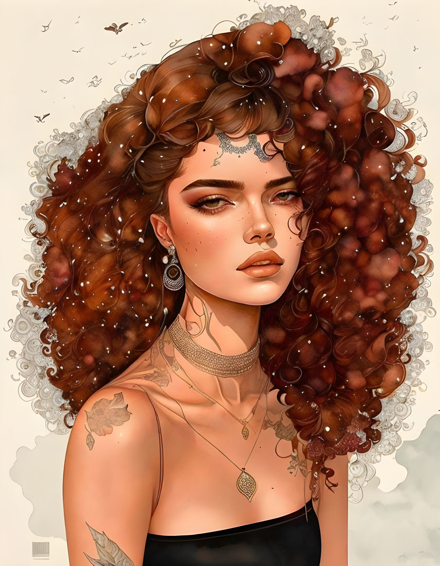 Digital illustration: Woman with curly auburn hair, floral hair accessories, intricate jewelry, tattoos,