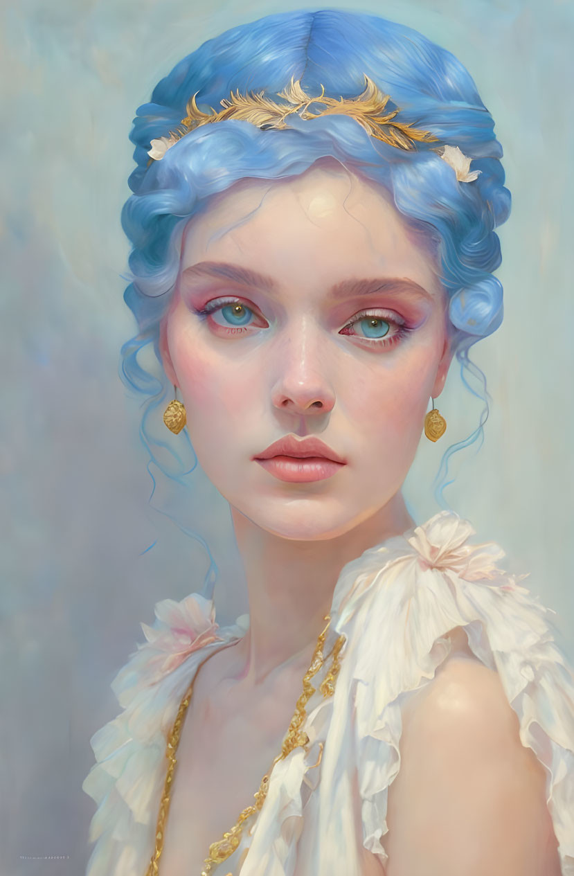 Portrait of woman with blue hair and golden leaf crown, blue eyes, gold jewelry, and feathered