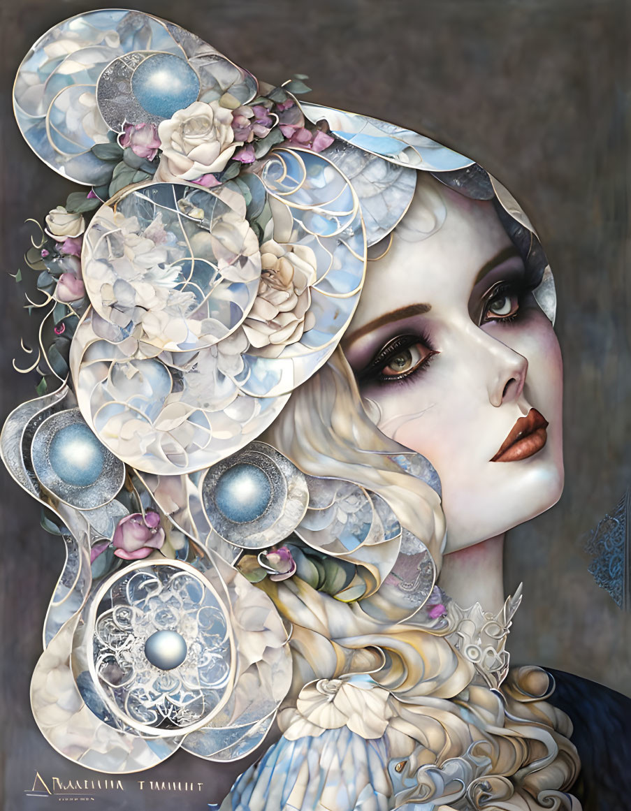 Woman with Pale Skin and Dark Makeup Adorned with Flowers and Intricate Circular Patterns