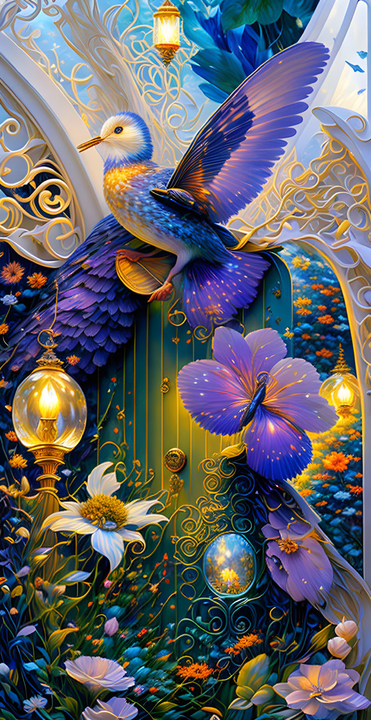 Colorful bird surrounded by flowers, butterflies, and lanterns in front of ornate doorway