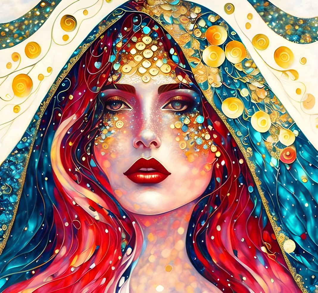 Vibrant red-haired woman with gold floral patterns under star-speckled blue veil