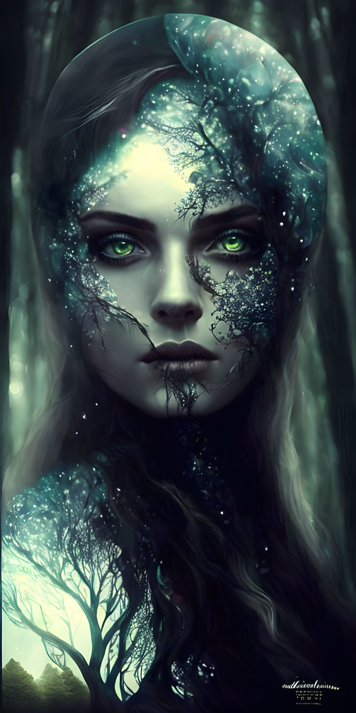 Digital artwork: Woman with green eyes, cosmic and forest elements blending into face and hair on dark wooded