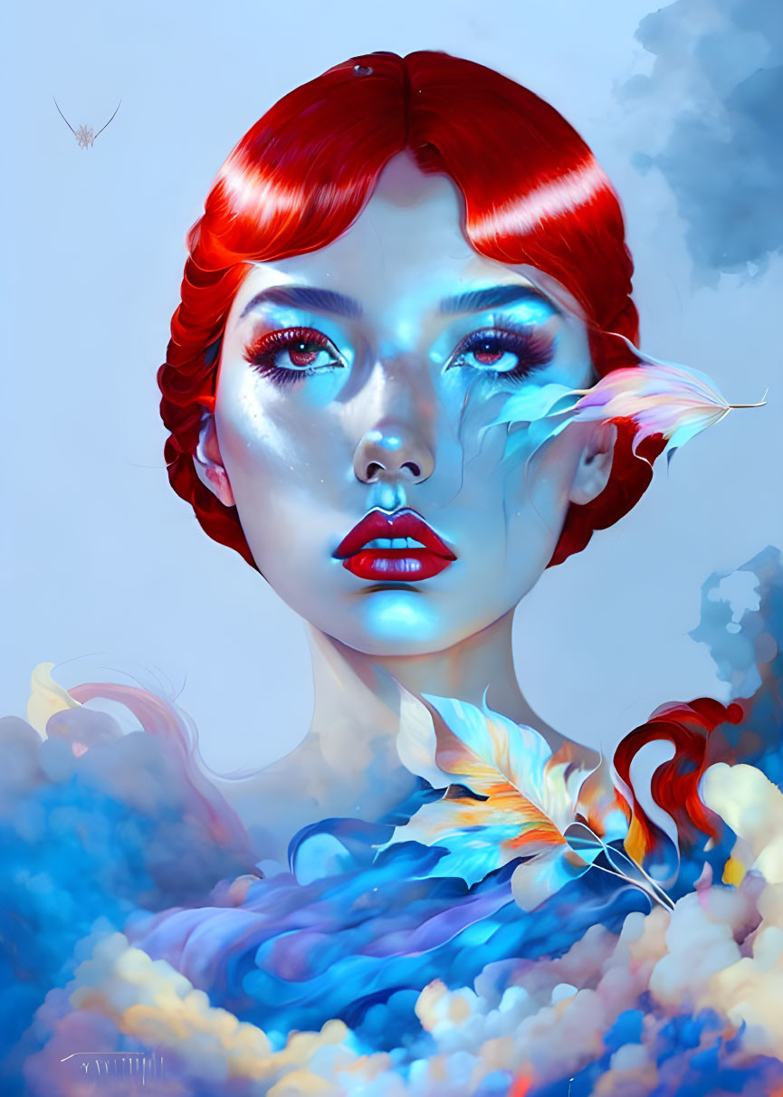 Digital artwork: Woman with red hair and blue skin in a dreamlike setting.