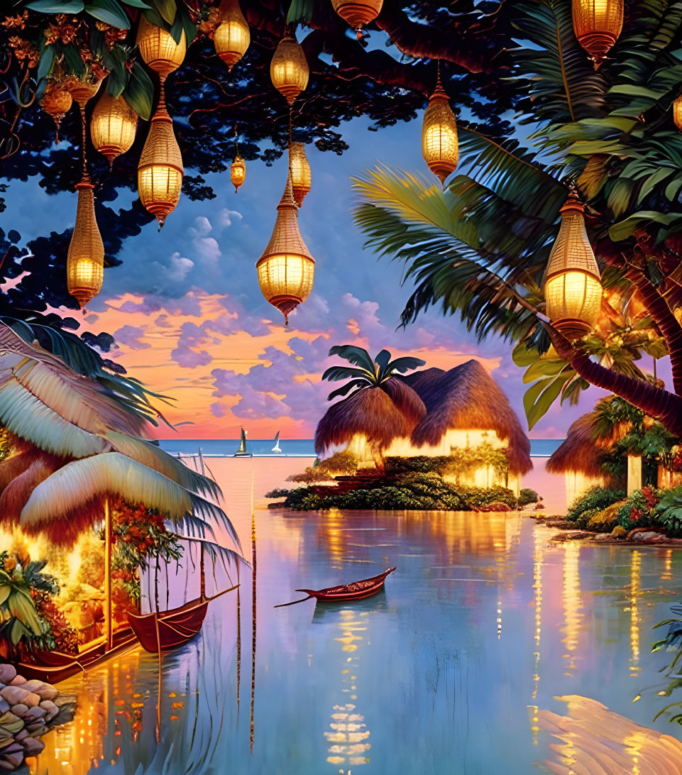 Tropical Evening Scene with Hanging Lanterns & Thatched Huts