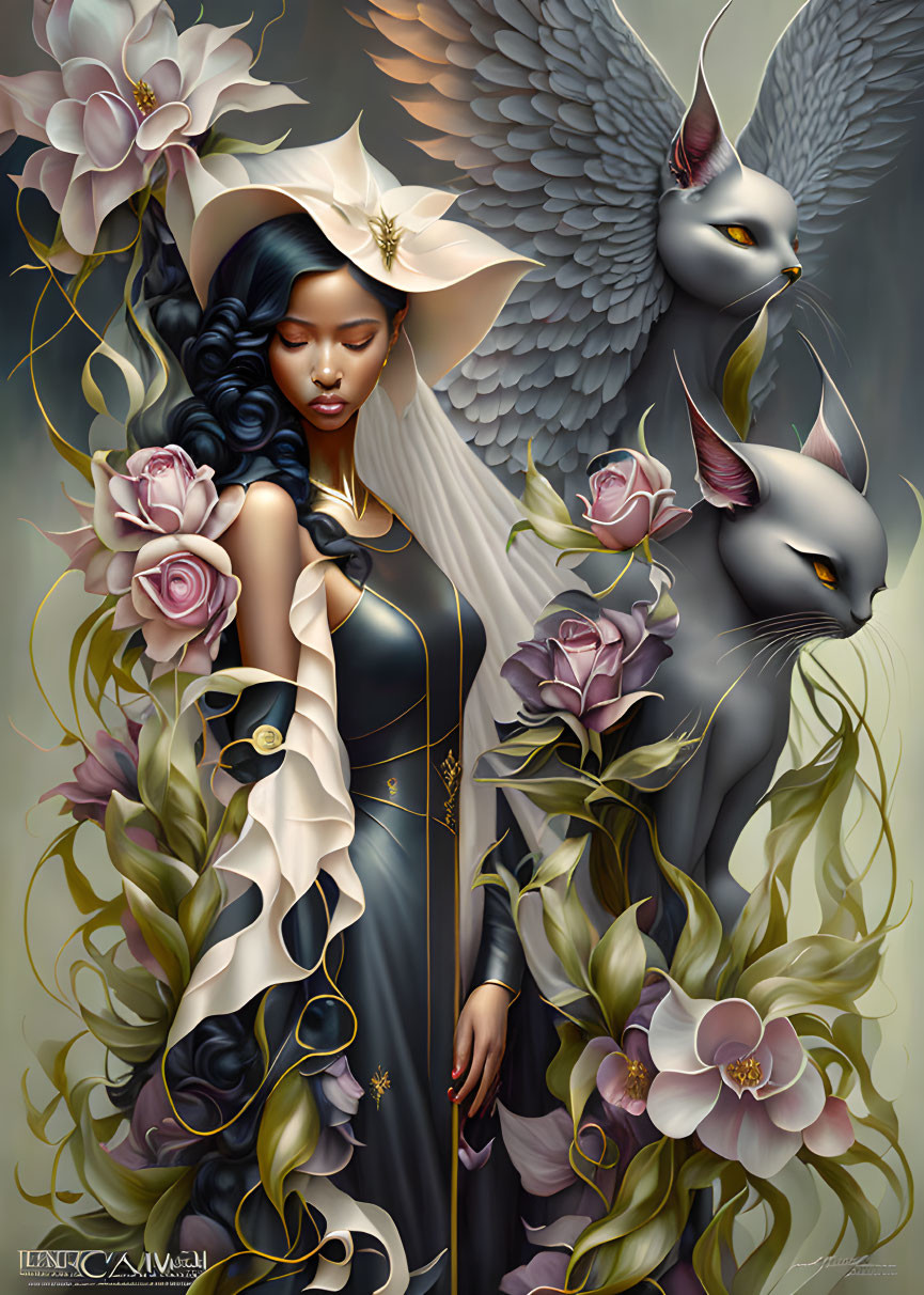 Fantasy artwork of serene woman with winged creatures and flowers