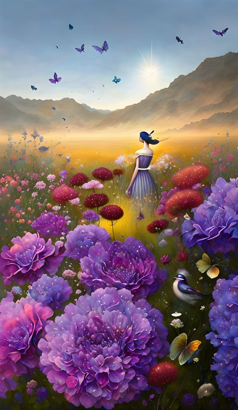 Colorful illustration of woman in field with flowers, butterflies, mountains, and shining star.