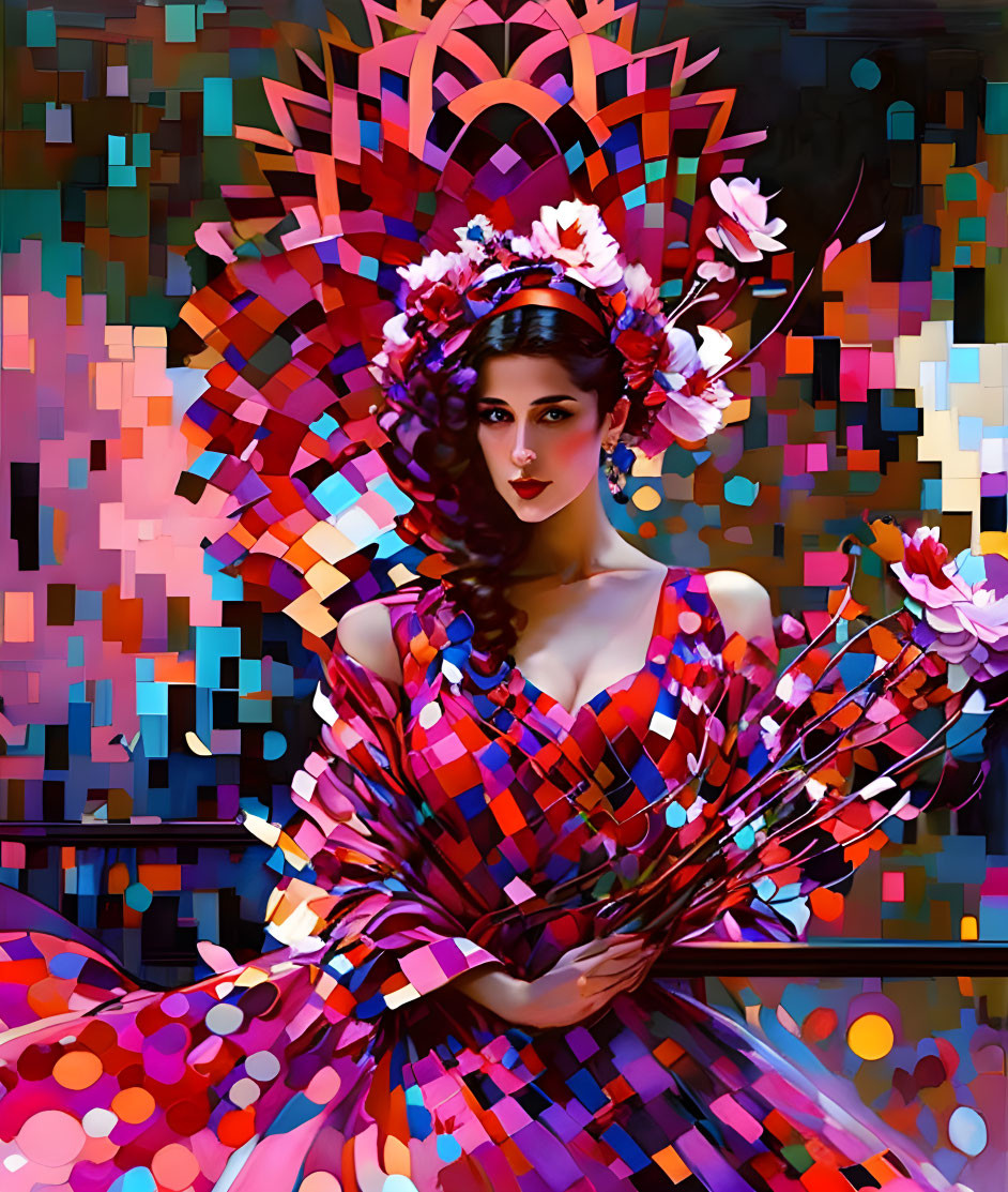 Colorful digital artwork: Woman in bright dress with floral hair adornments