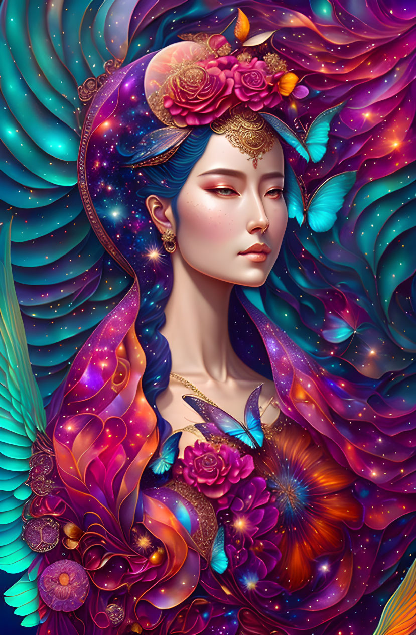 Detailed cosmic woman with flowing hair, flowers, and butterflies