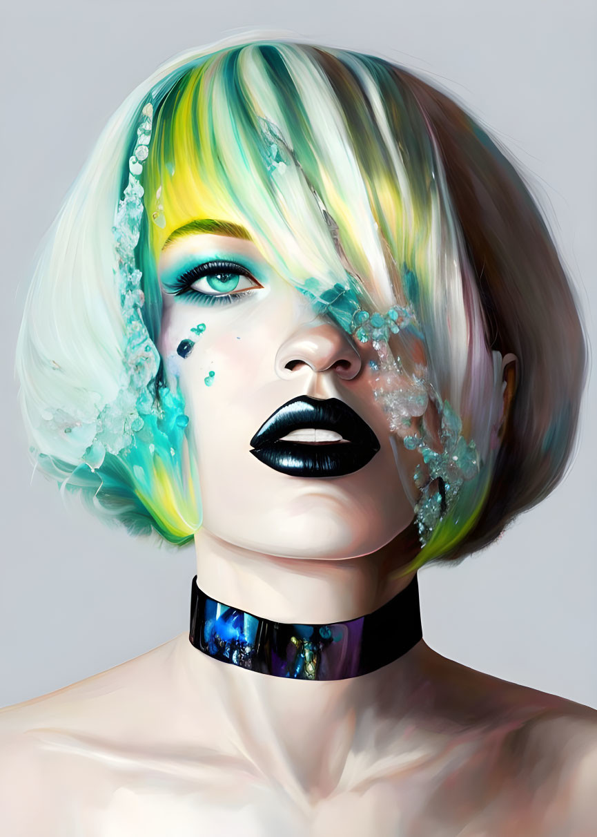 Colorful Bob Haircut & Black Lipstick Portrait with Water Splash Effect