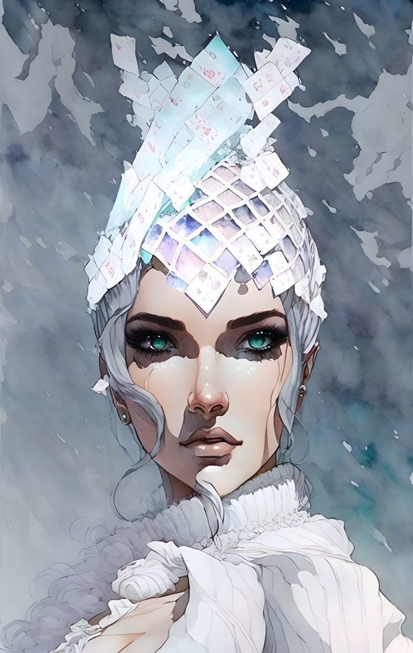 Illustrated portrait of woman with geometric crystal crown, green eyes, white hair, snowy starry backdrop