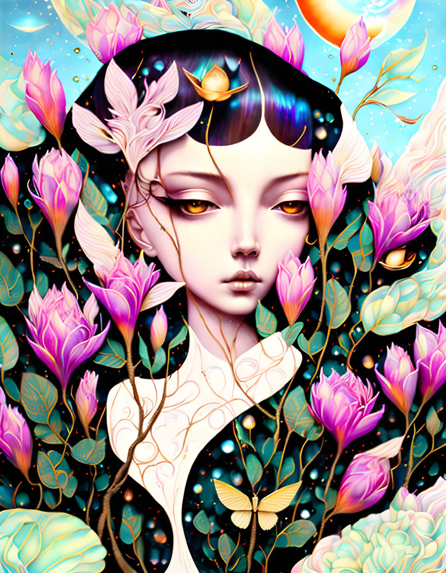 Colorful surreal artwork of woman with stylized features and butterfly amidst flowers.