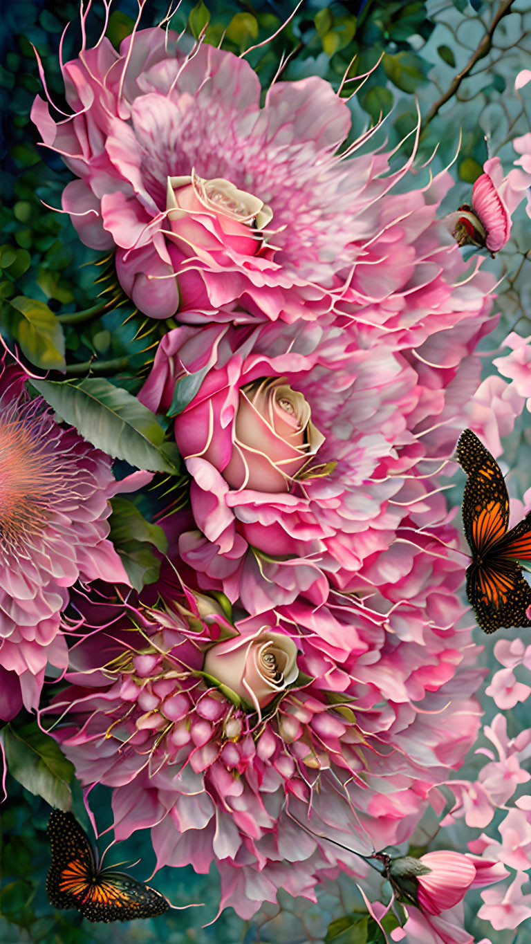 Colorful floral painting with roses, peonies, and butterflies on leafy background