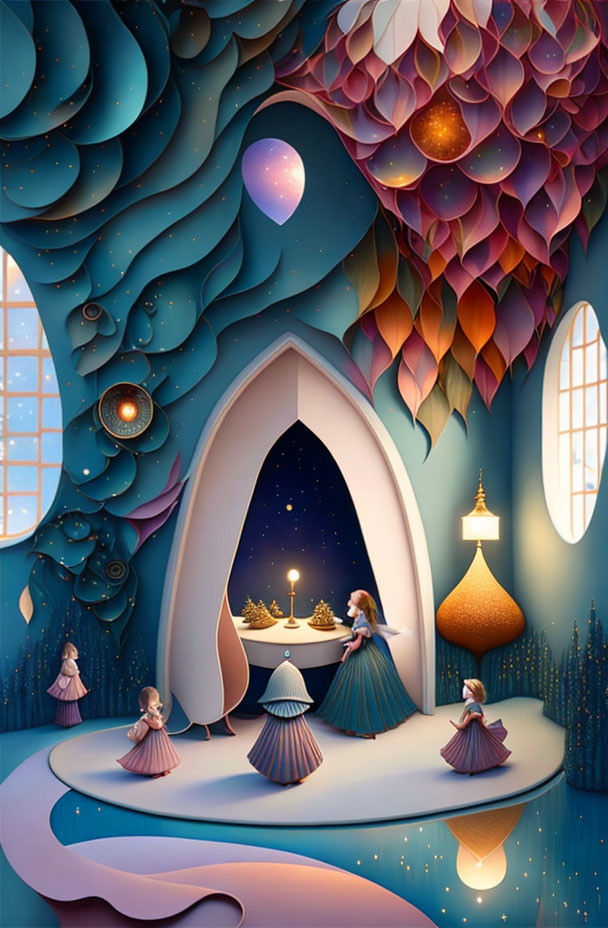 Whimsical indoor scene with paper art style and elegant characters in gowns