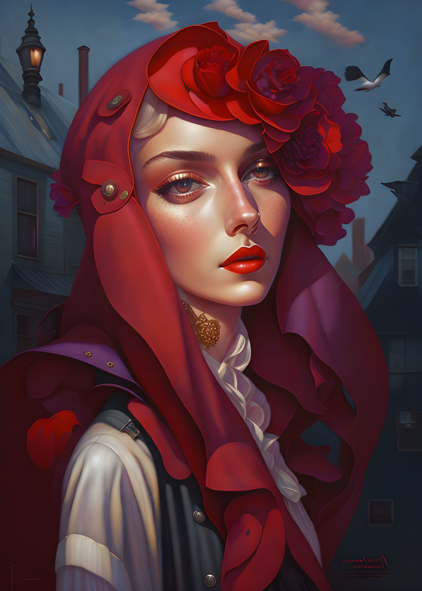 Portrait of a woman in red hood with roses, pensive expression, quaint houses, twilight sky