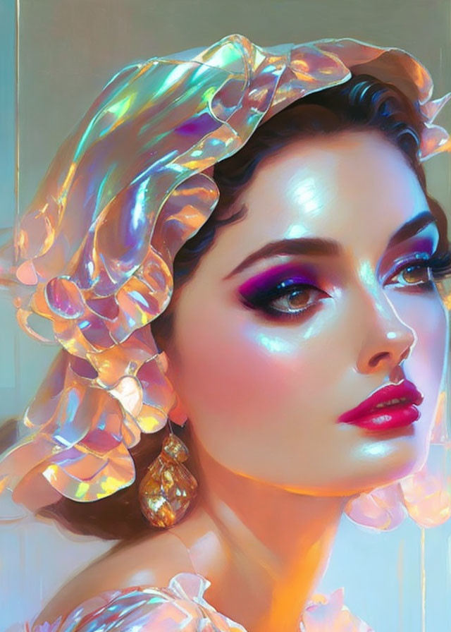 Vibrant portrait of a woman with iridescent accessories and contemplative gaze