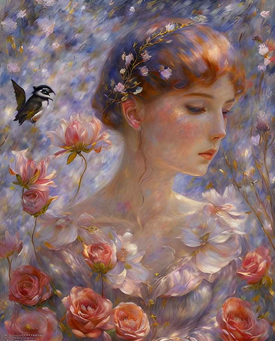 Woman with floral crown in dreamlike setting surrounded by roses & bird