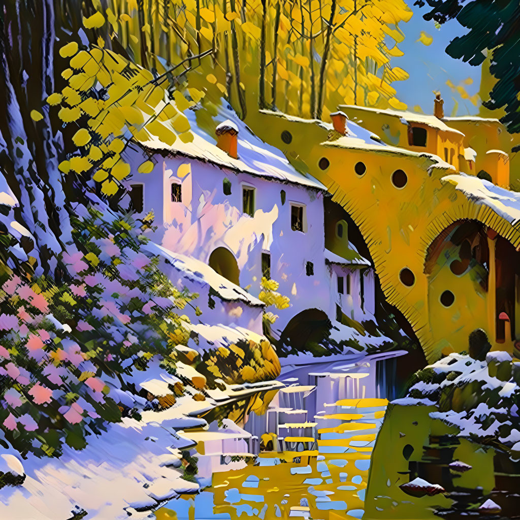 Snow-covered bridge over stream with colorful trees and house in vibrant painting