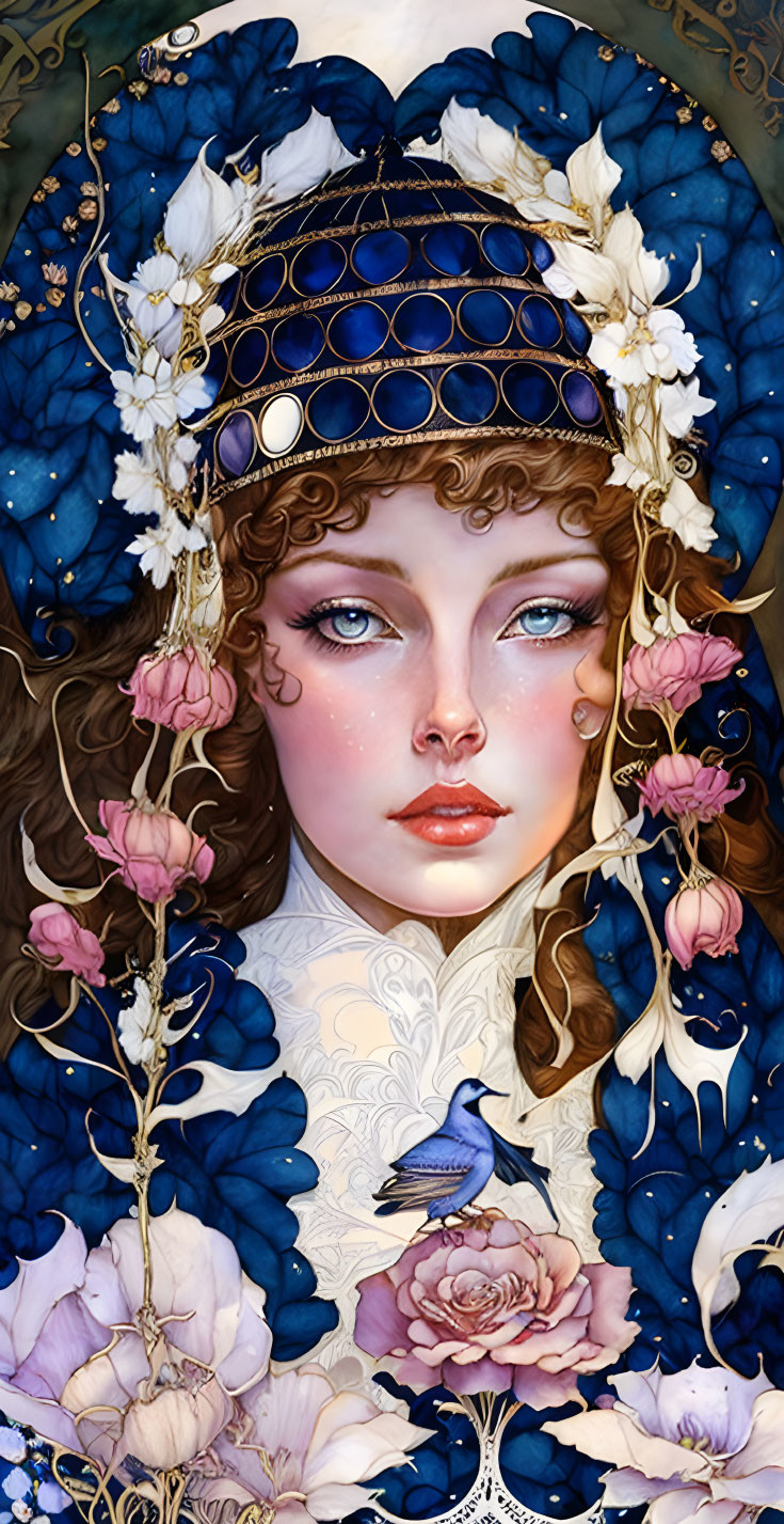 Detailed illustration of woman with blue and white headgear, pearls, flowers, and bird on floral backdrop