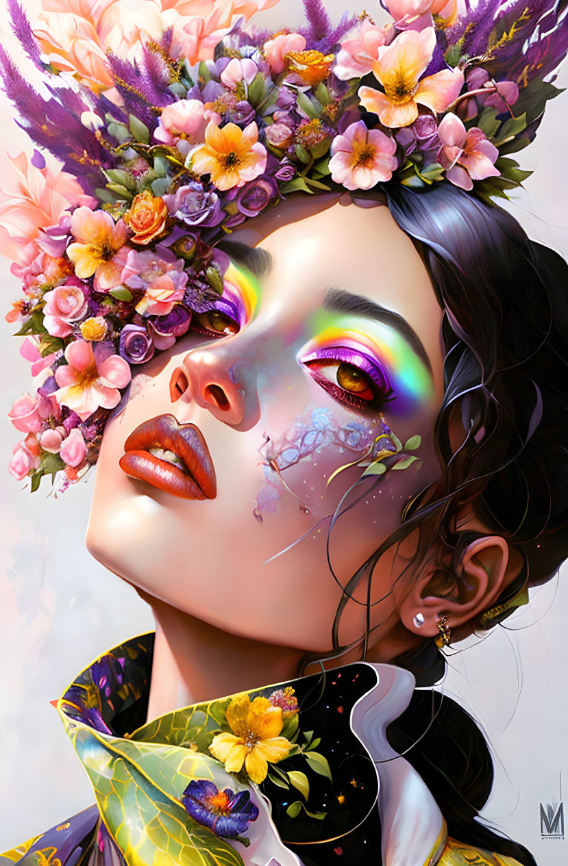 Illustrated woman with floral crown and vibrant makeup in fantasy setting