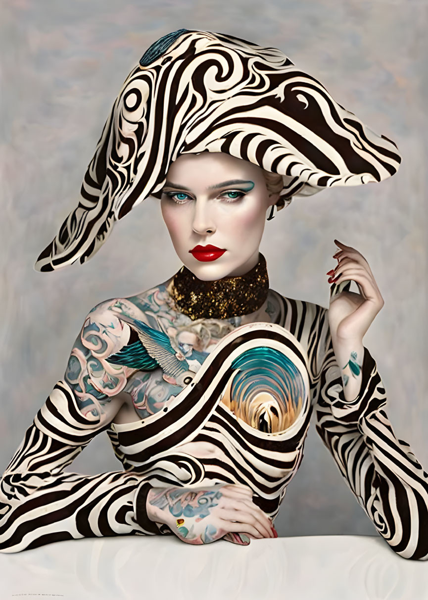 Person with Red Lips and Dramatic Eye Makeup in Zebra Outfit and Hat with Tattoos