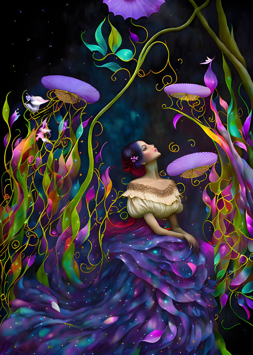 Colorful surreal illustration of woman with flowing garments, whimsical plants, butterflies, and cosmic backdrop