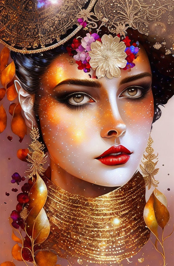 Dark-haired woman with gold headdress in autumnal setting