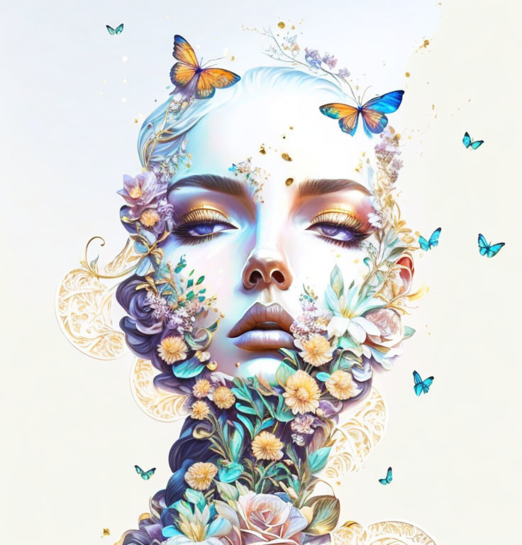 Woman's Face with Flowers and Butterflies in Disintegration Theme