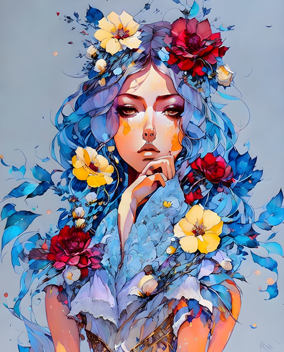 Colorful illustration of person with blue hair and floral adornments in contemplative pose, set against abstract