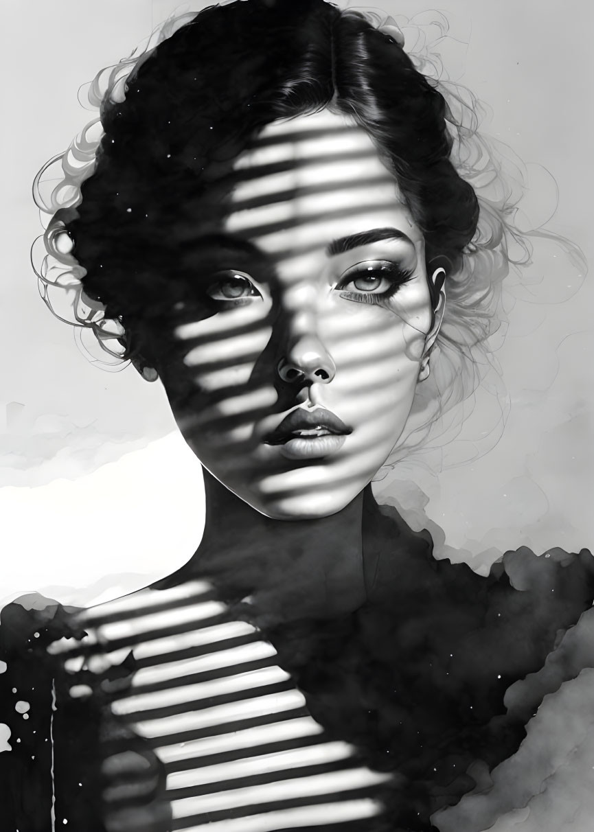 Monochrome portrait of a woman with striped shadows on face.