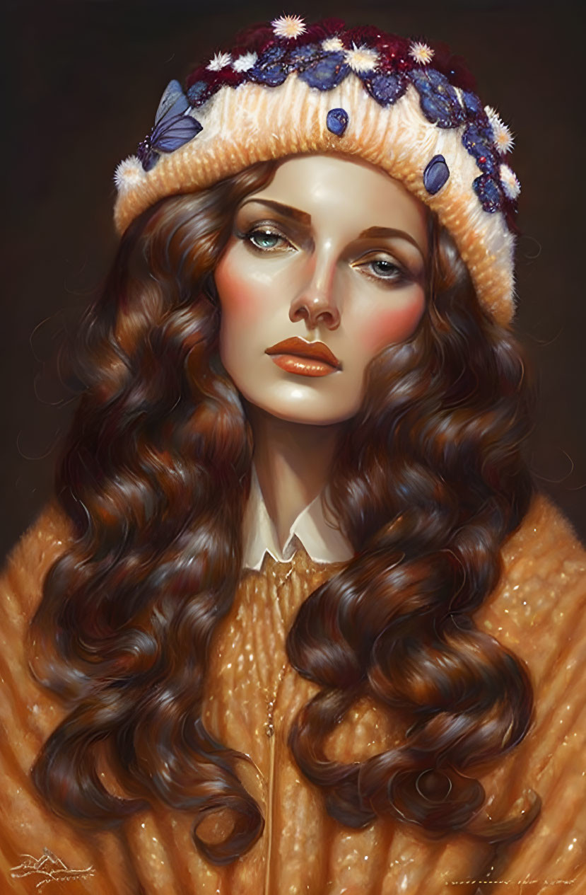 Portrait of woman with wavy brown hair in orange beanie and sweater