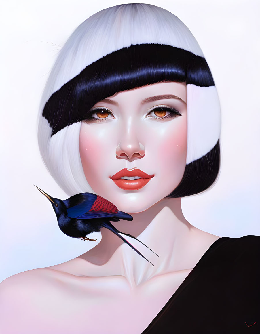 Digital Art Portrait: Female with Stylized Black-and-White Bob Haircut and Blue-Black