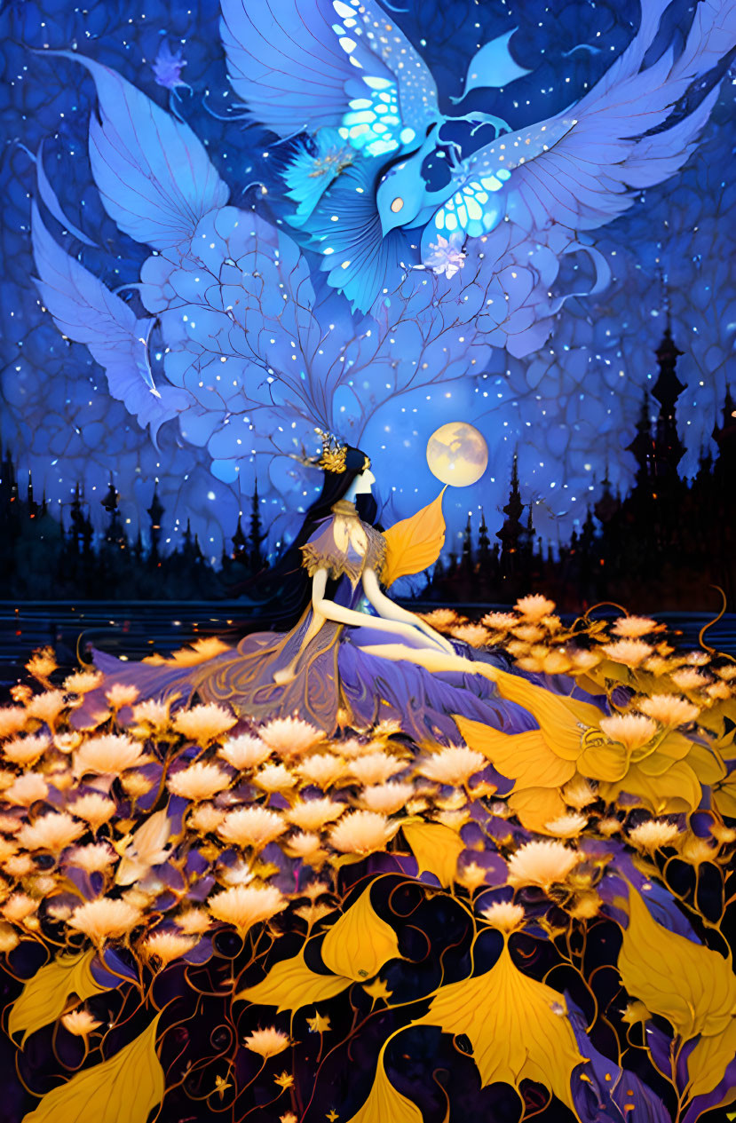 Woman in yellow gown surrounded by sunflowers under large blue bird in moonlit sky