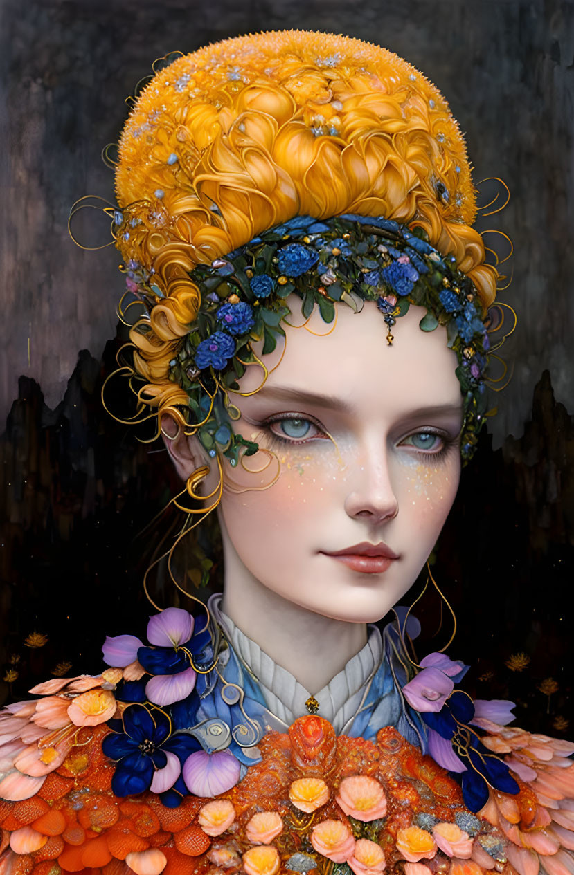 Surreal portrait of a woman with golden hair and floral adornments