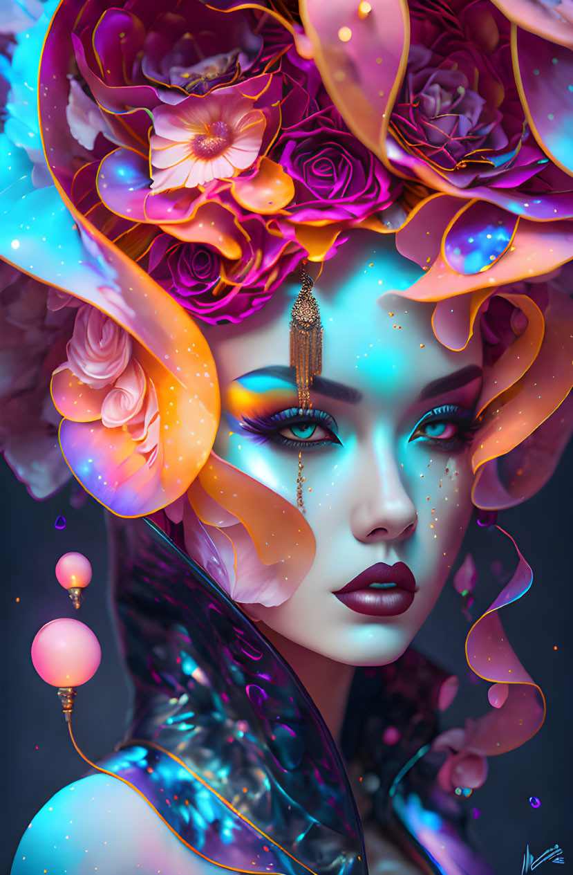 Vibrant cosmic and floral motifs in fantastical woman image